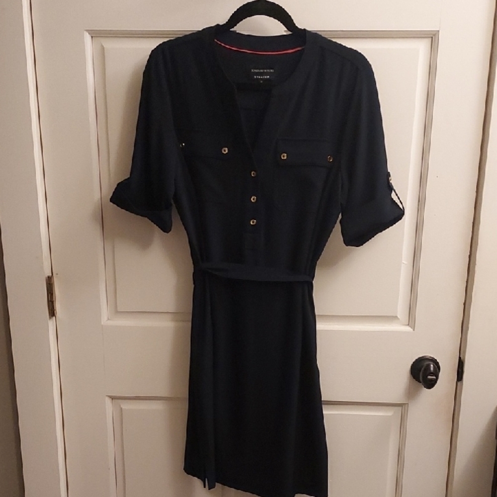 Jones New York Blue Midi Dress V-Neck Cuffed Sleeves
